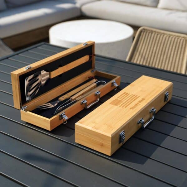 Personalized grill master gift for men with custom engraved bamboo BBQ case and premium grilling utensils