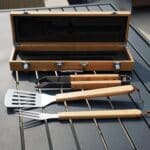Custom BBQ grilling accessory set for groomsmen gifts with laser engraved bamboo storage case and grill tools