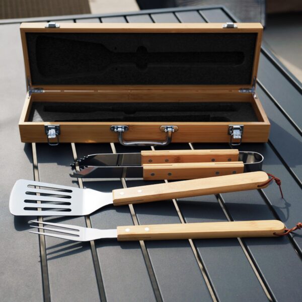 Custom BBQ grilling accessory set for groomsmen gifts with laser engraved bamboo storage case and grill tools