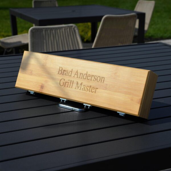 Engraved bamboo BBQ set for men featuring personalized grill case with stainless steel spatula, tongs, and fork