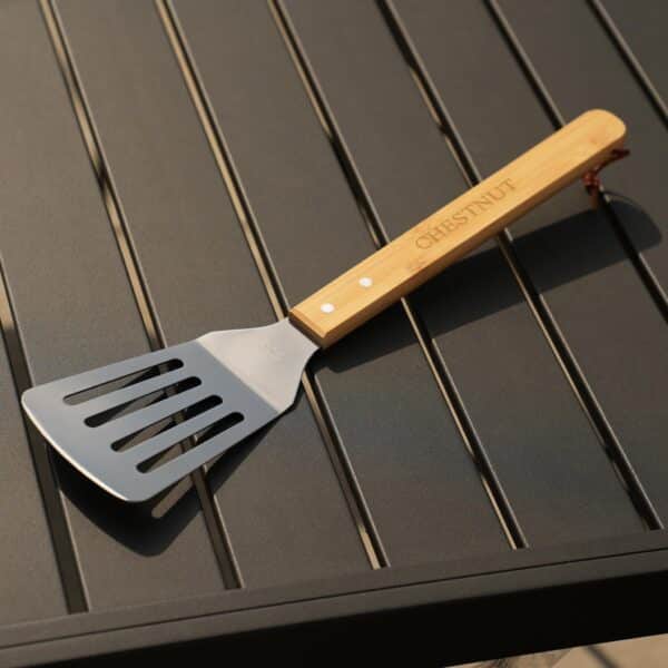 The grilling spatula features a genuine bamboo wood handle