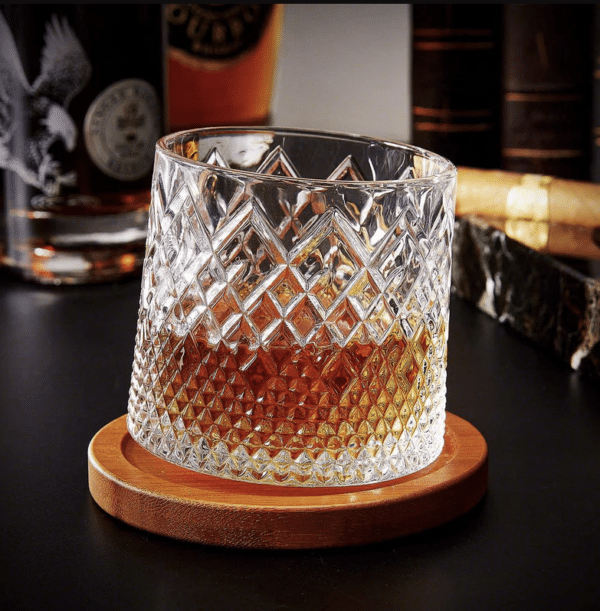 The spinning whiskey glass makes a unique whiskey-themed gift for bourbon-loving groomsmen