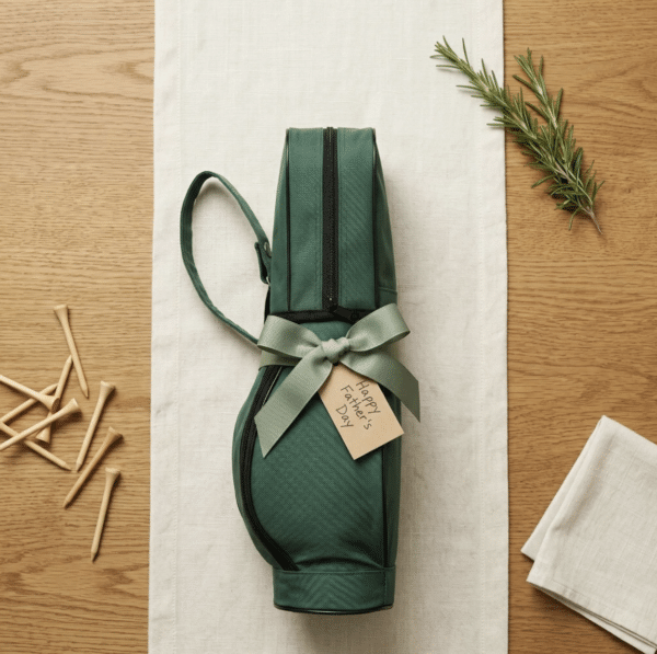 Golf grill set with a Father's Day gift message attached to the bag
