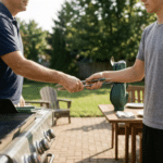 The groom and his father having a pre-wedding BBQ