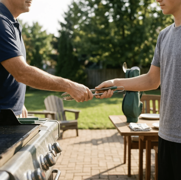 The groom and his father having a pre-wedding BBQ