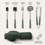The Tee Time Golf BBQ Set includes a golf club-style spatula, fork, tongs, BBQ brush, basting brush, and golf ball-style salt & pepper shakers.
