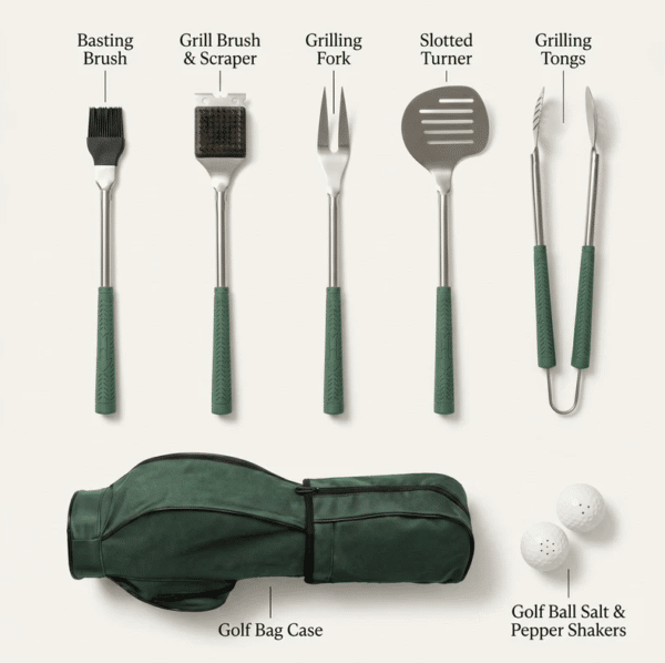 The Tee Time Golf BBQ Set includes a golf club-style spatula, fork, tongs, BBQ brush, basting brush, and golf ball-style salt & pepper shakers.