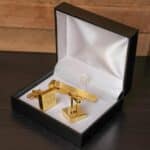 Included black gift box for the gunmetal square cuff link and tie bar set