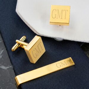 Personalized Gold Square Cufflinks and Tie Clip Set (Gift Boxed)