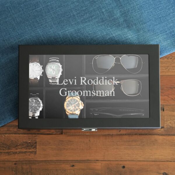 2 lines of custom text engraved on watch and sunglasses box