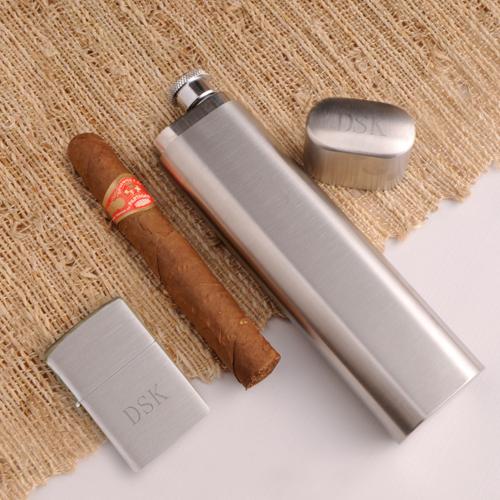 Personalized Cigar Case Flask & Zippo Lighter Set